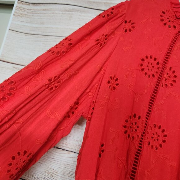 Nicole Miller Womens Artelier Long Sleeve Blouse Embroidered Eyelet Red Large - Picture 3 of 12